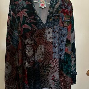 Johnny Was Patchwork Floral Velvet V-Neck Tunic in Teal, Burgundy, Navy